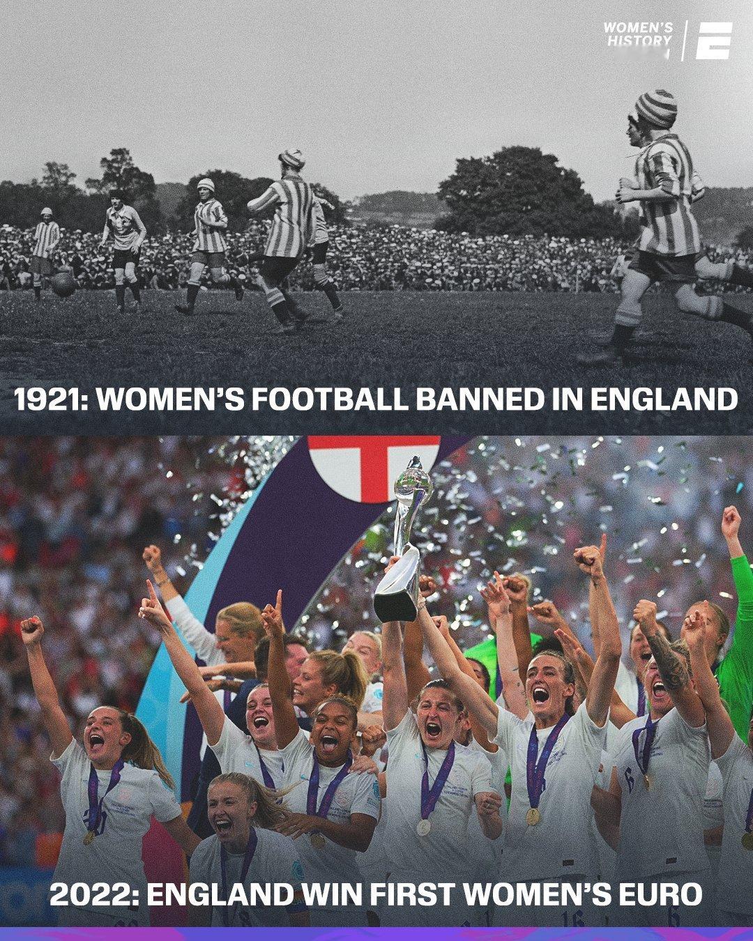 1921年，英足总禁止了女子足球运动。禁令解除用了 49 年，而英格兰女足又过了
