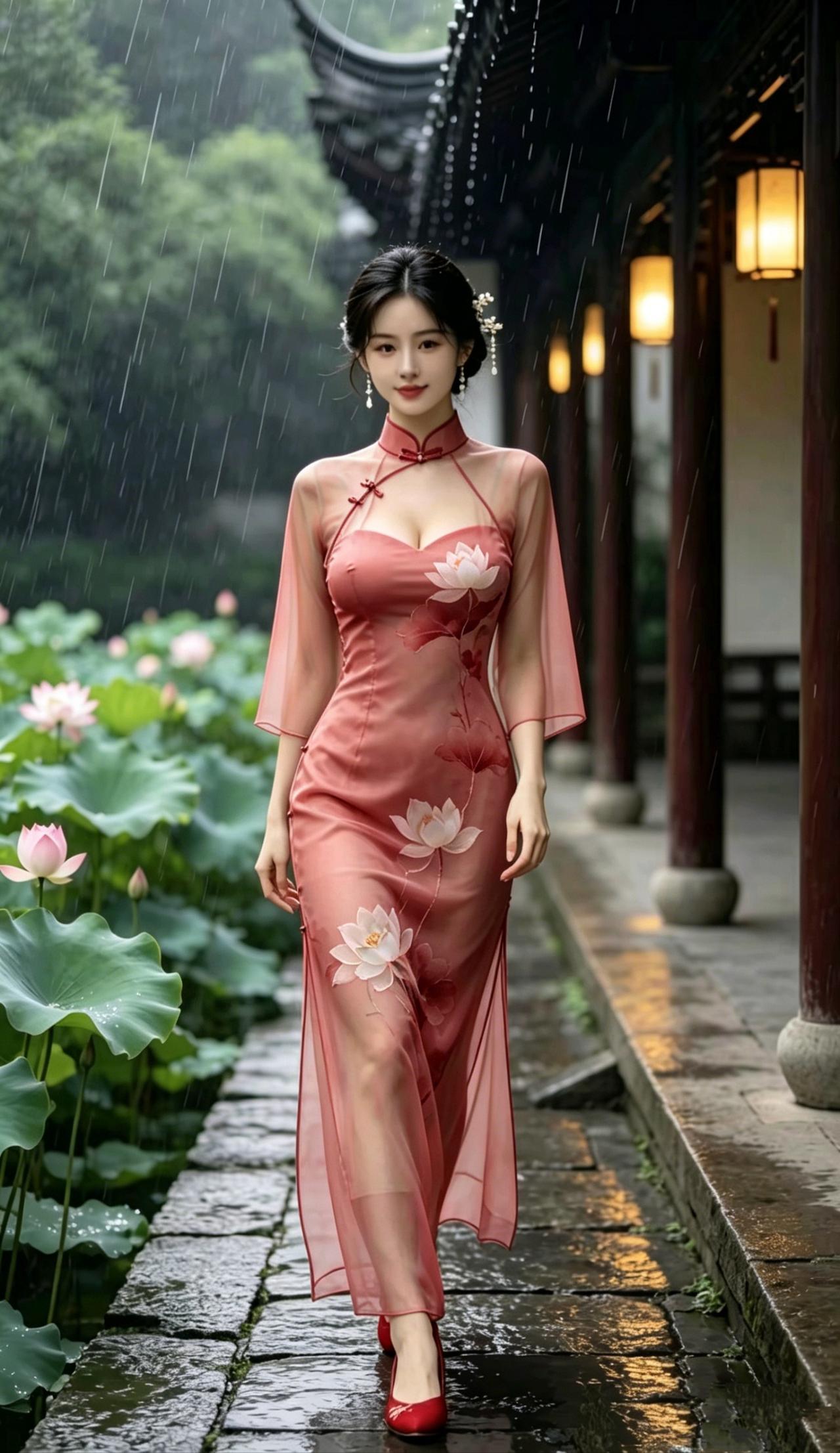 《雨廊荷影》
 
微雨斜丝漫浸亭廊，
青石板凝满碎光。
朱栏悬暖盏，晕开一池清苍