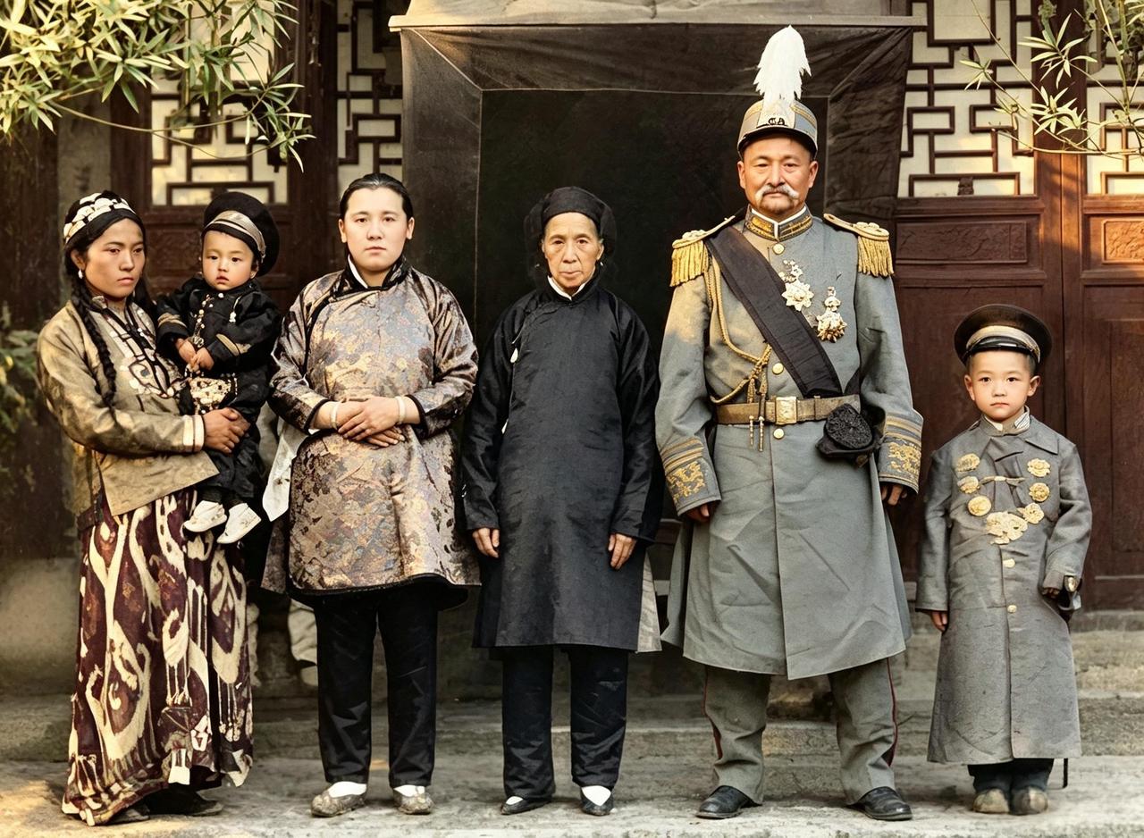 这是民国时喀什土皇帝马福兴与家人在一起。马福兴出身习武世家，自幼苦练武艺，考取清