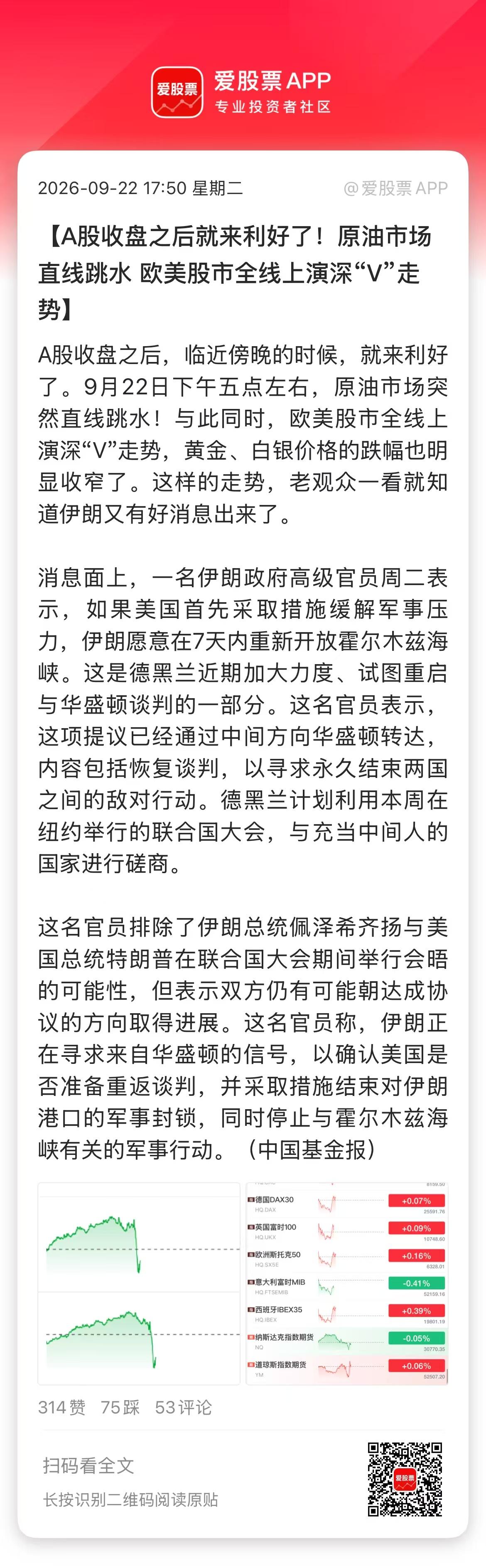 朋友说，A股收盘后，油价突然跳水了，美伊也和好了 ，贸易战也结束了，纳指期货也转