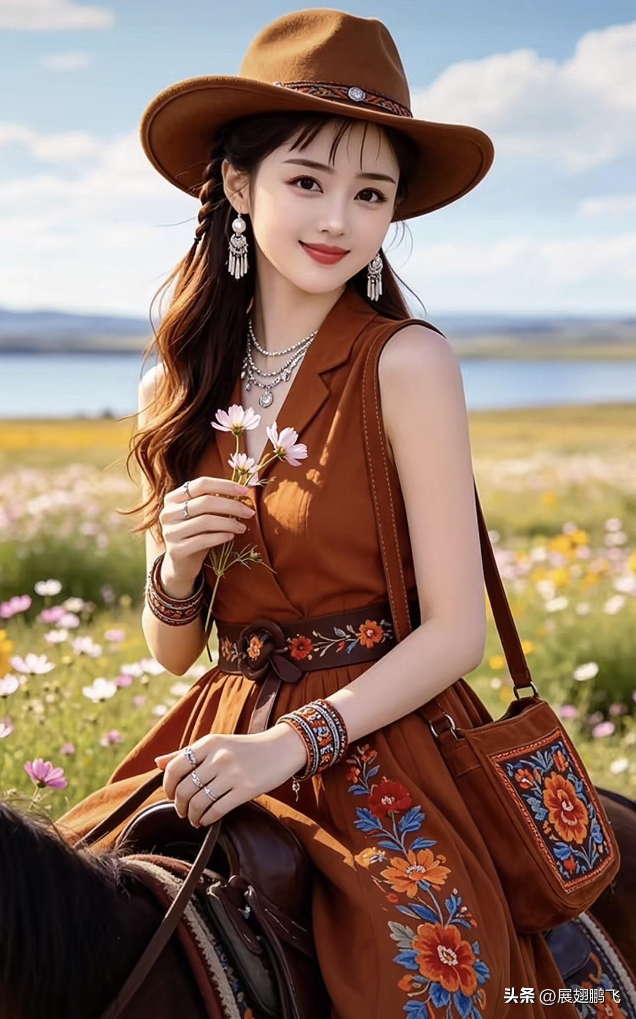 草原上的甜美少女，骑着马儿，手捧野花，笑靥如花。甜美驾车的美女 草原甜系照 草原