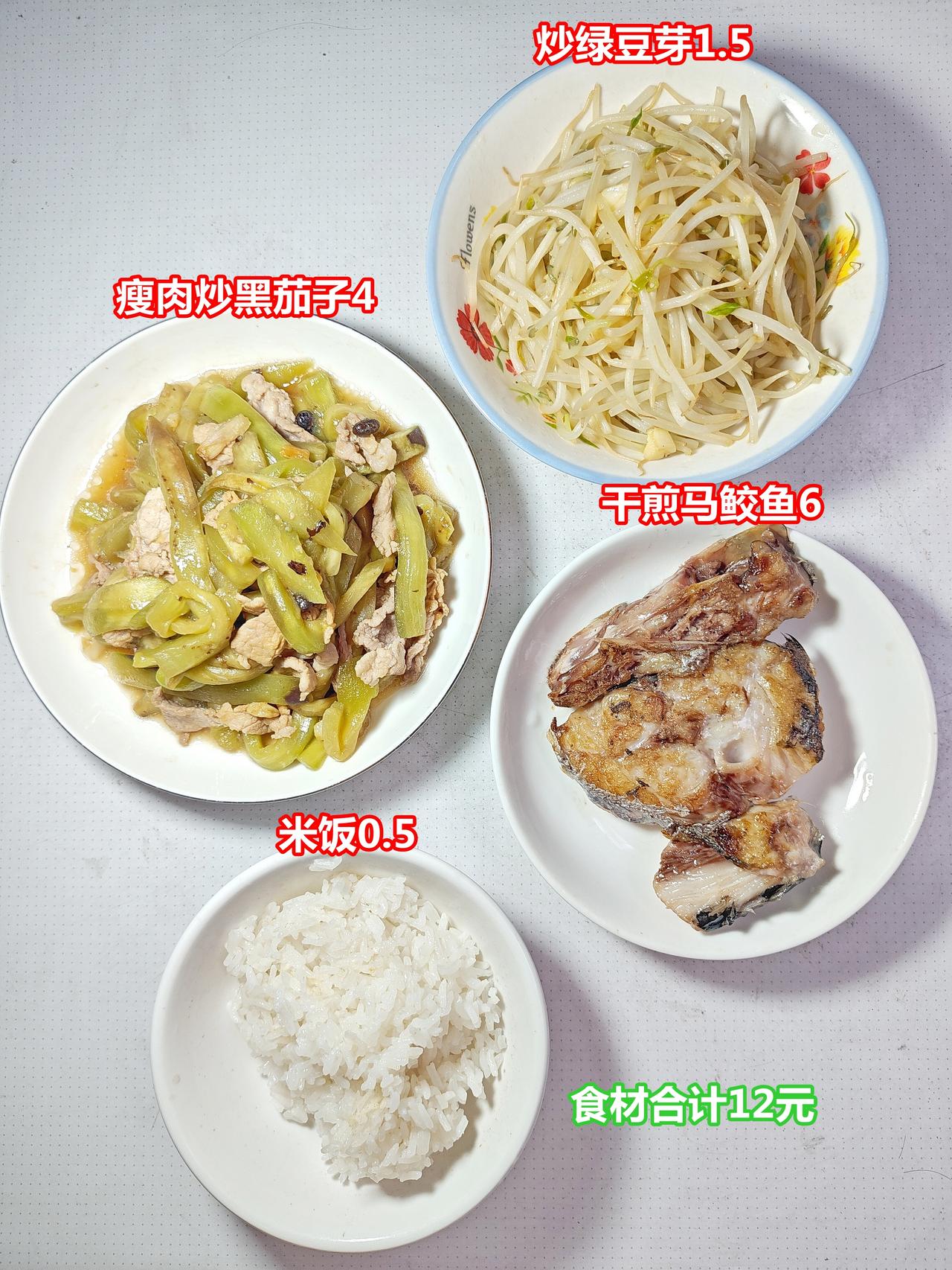 晚饭，干煎马鲛鱼6，瘦肉炒茄子4，炒绿豆芽1.5，米饭0.5，食材成本12元。