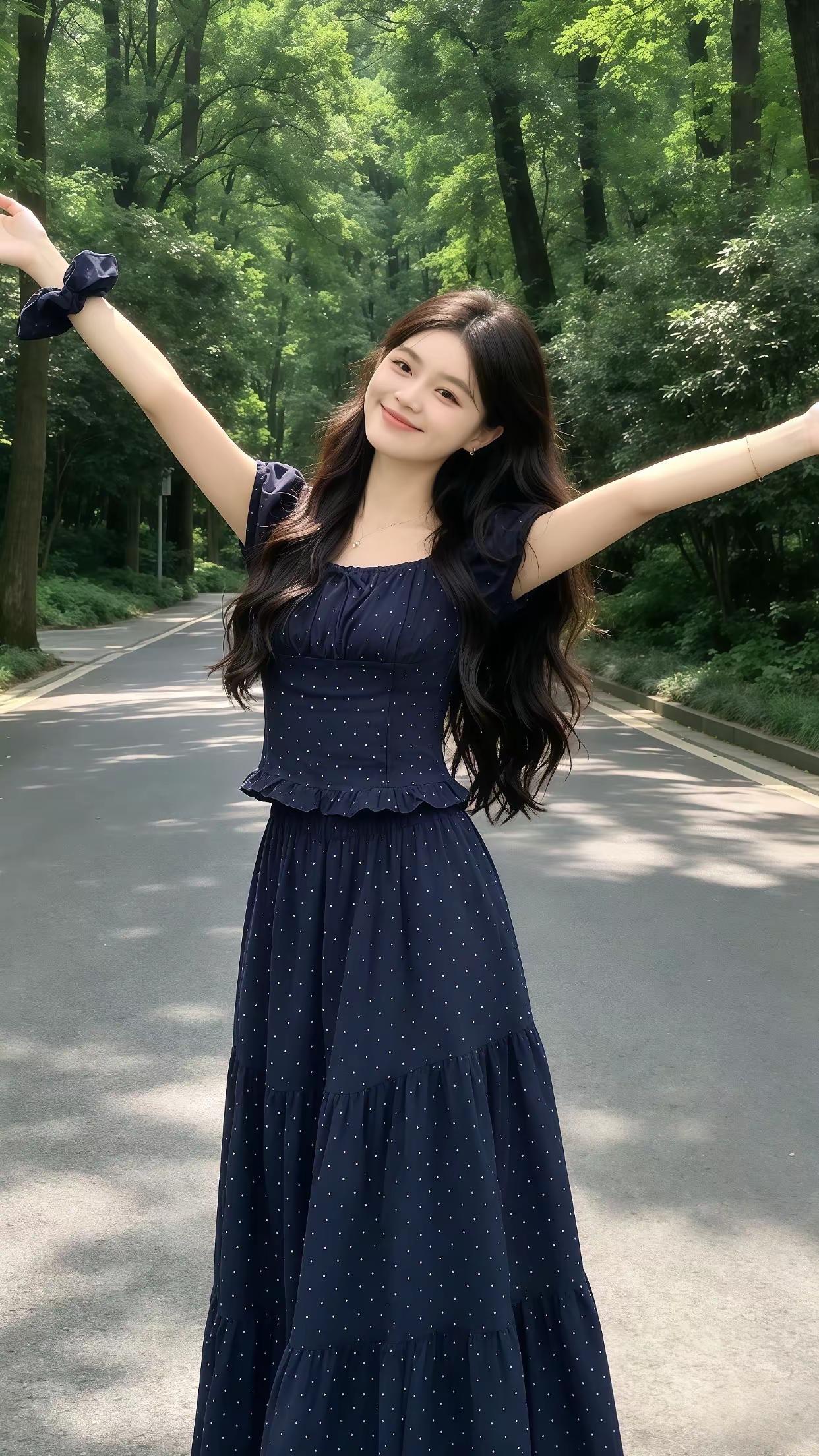 藏青波点方领上衣+大摆半身裙，收腰掐出小蛮腰，飘逸遮肉，复古氛围感拉满，甜妹必入