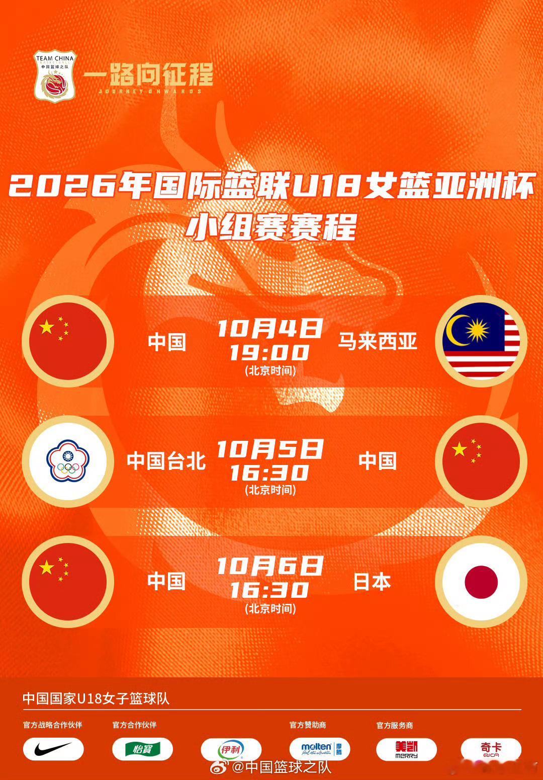 U18女篮亚洲杯12人大名单公布10月4日至10日，2026年国际篮联U18女篮