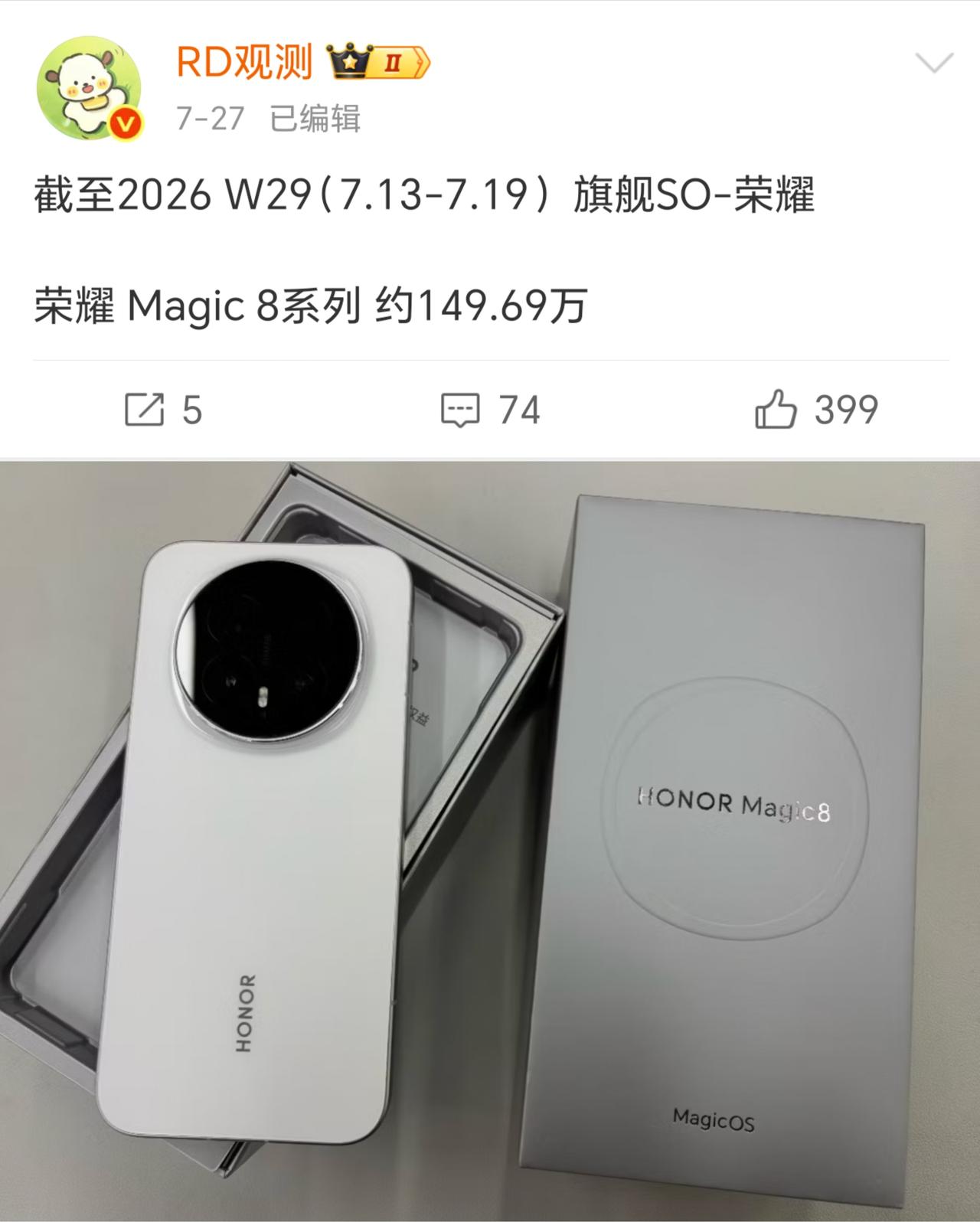 荣耀Magic8真是一款被埋没的好手机，发布大半年销量149万台，可能到不了20