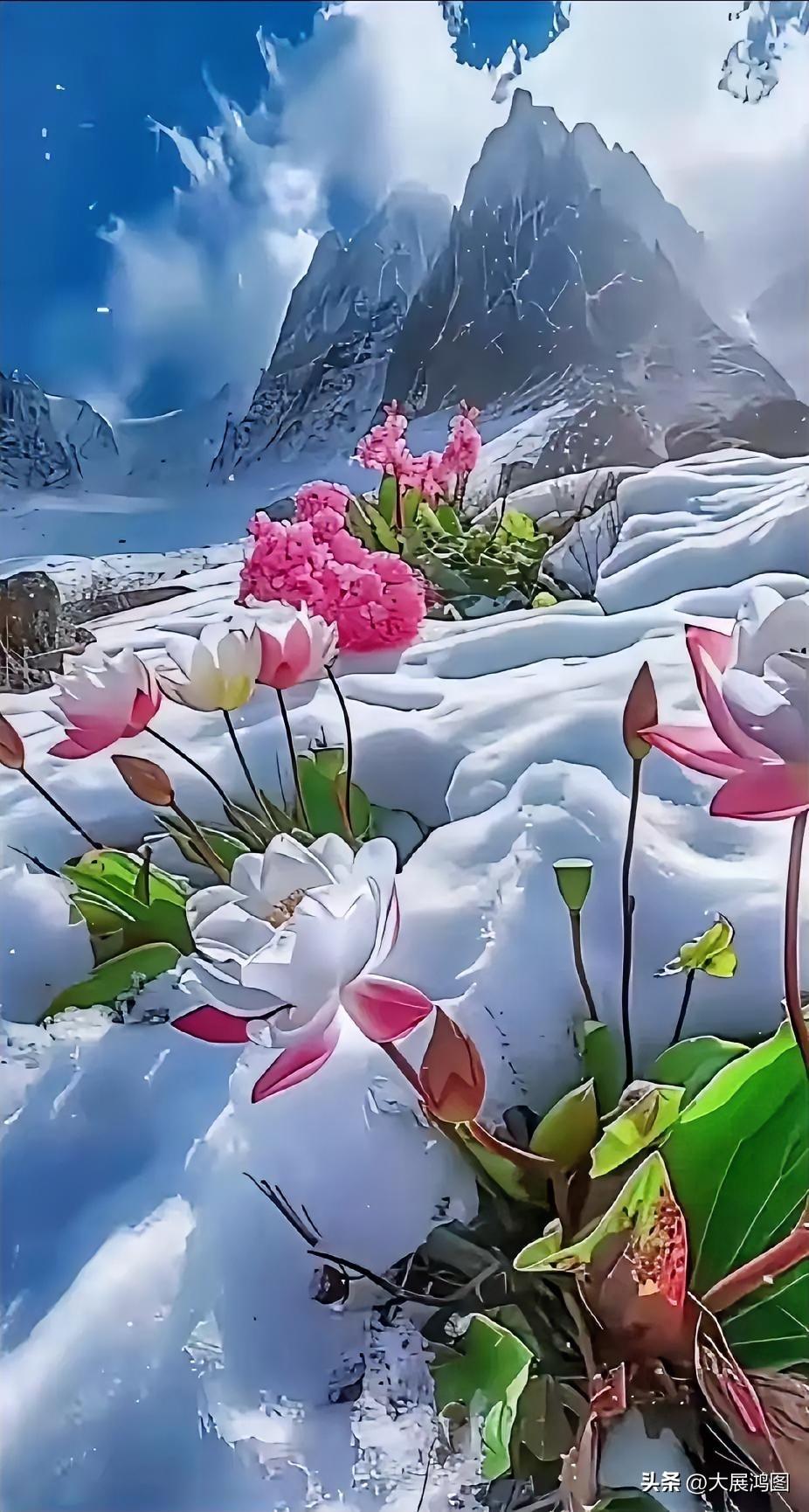 雪中莲花
风携琼玉漫野飘，
寒枝素覆映银绡。
千山静静藏幽梦，
一瞬清清溢瑞韶。