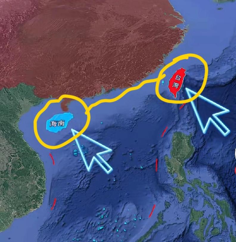 原来台湾和海南之间这么远啊，台北市到海口市的距离达到1300公里左右，台湾位于我