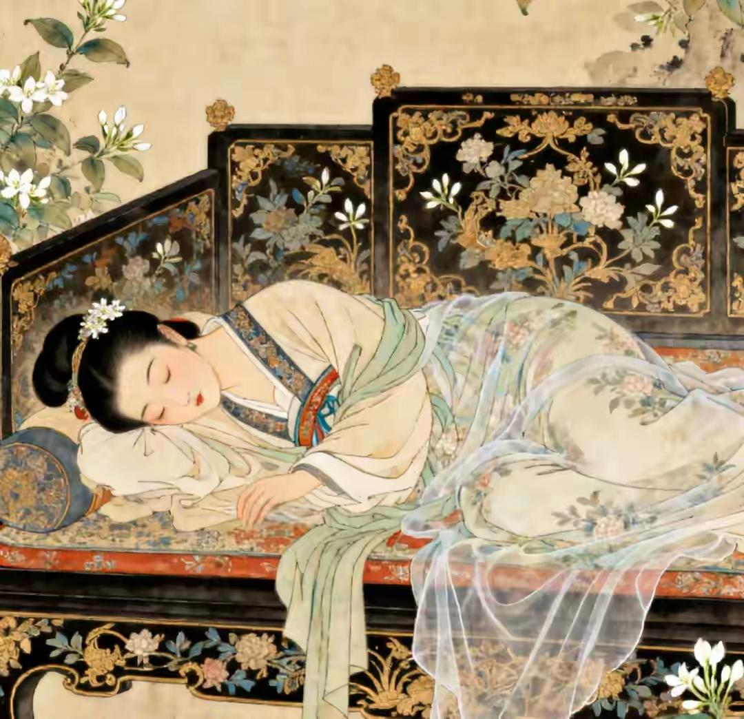 看看这个美女睡的是罗汉床，还是贵妃榻？
我觉得像罗汉床，罗汉床比较宽大，贵妃榻比