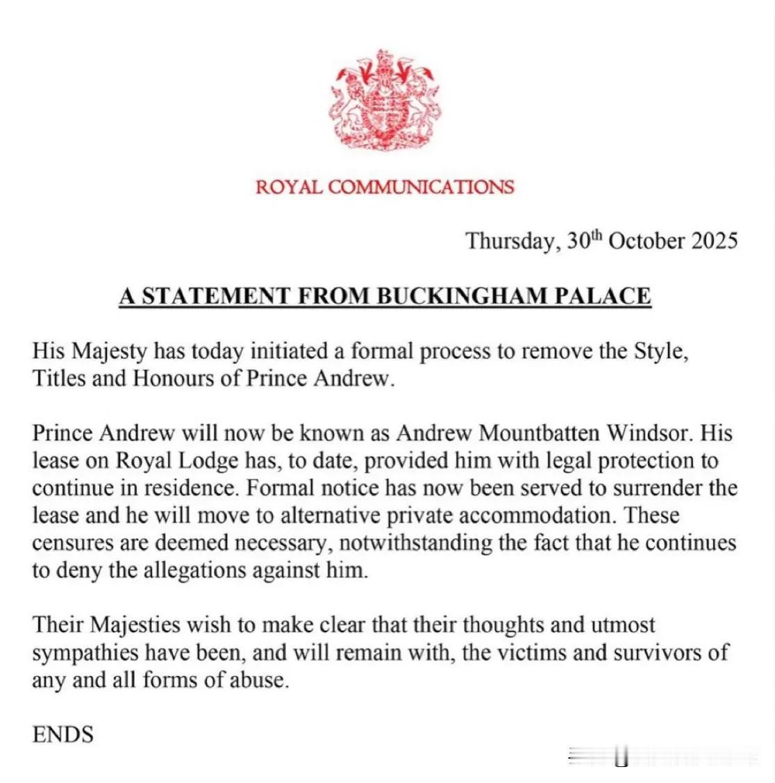 白金汉宫声明：安德鲁王子被剥夺了所有的王室头衔，沦为平民并被赶出王宫。