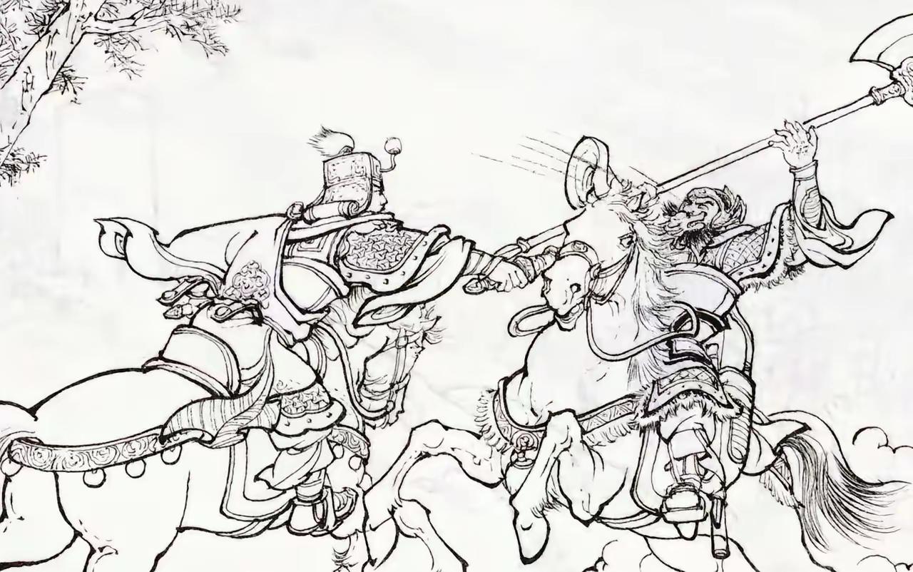 图中大将手使一条开山大斧，是南陈有名的大将，连劈几员隋将，但是他始终难...
