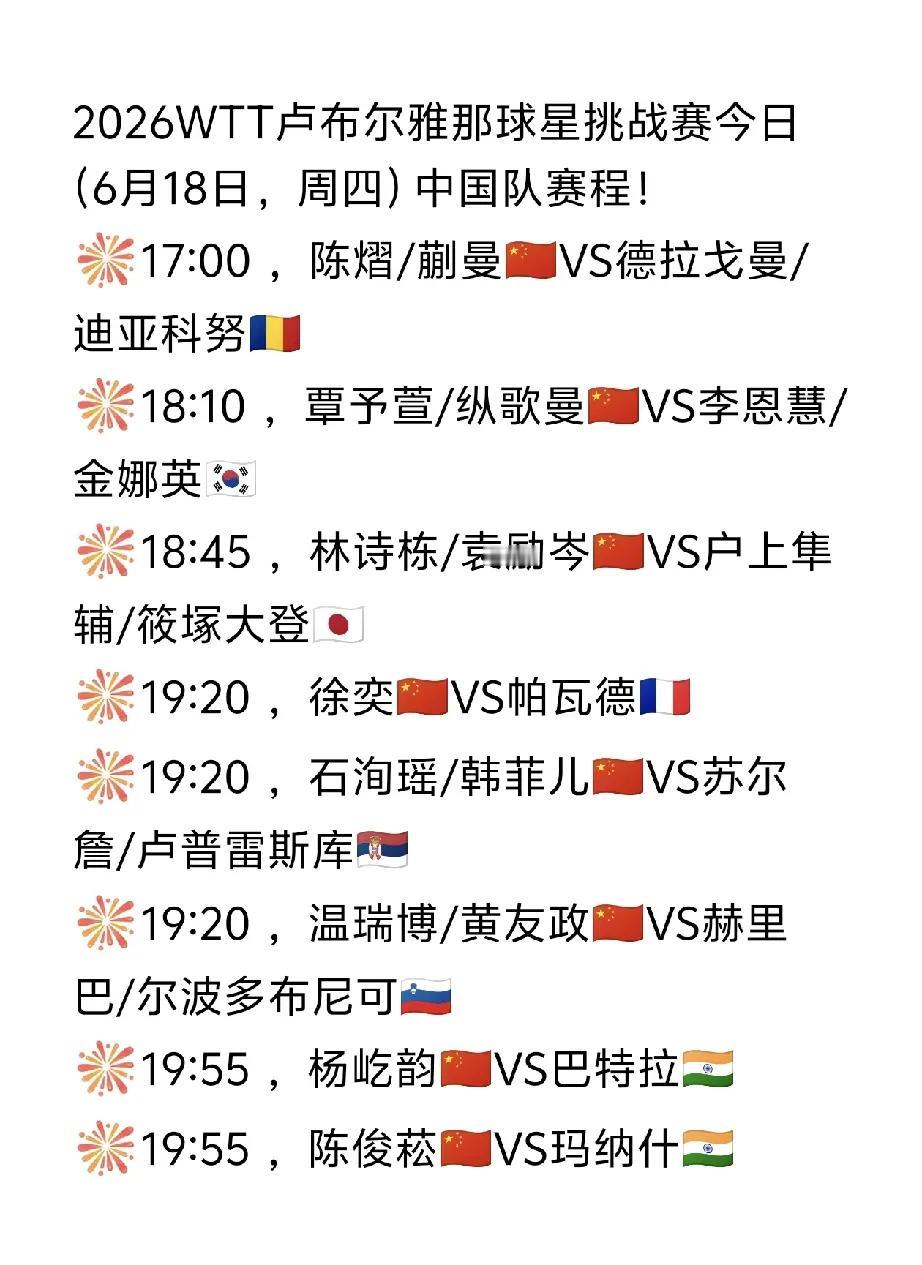 卢布尔雅那站今日赛程！
2026WTT卢布尔雅那球星挑战赛今日（6月18日，周四