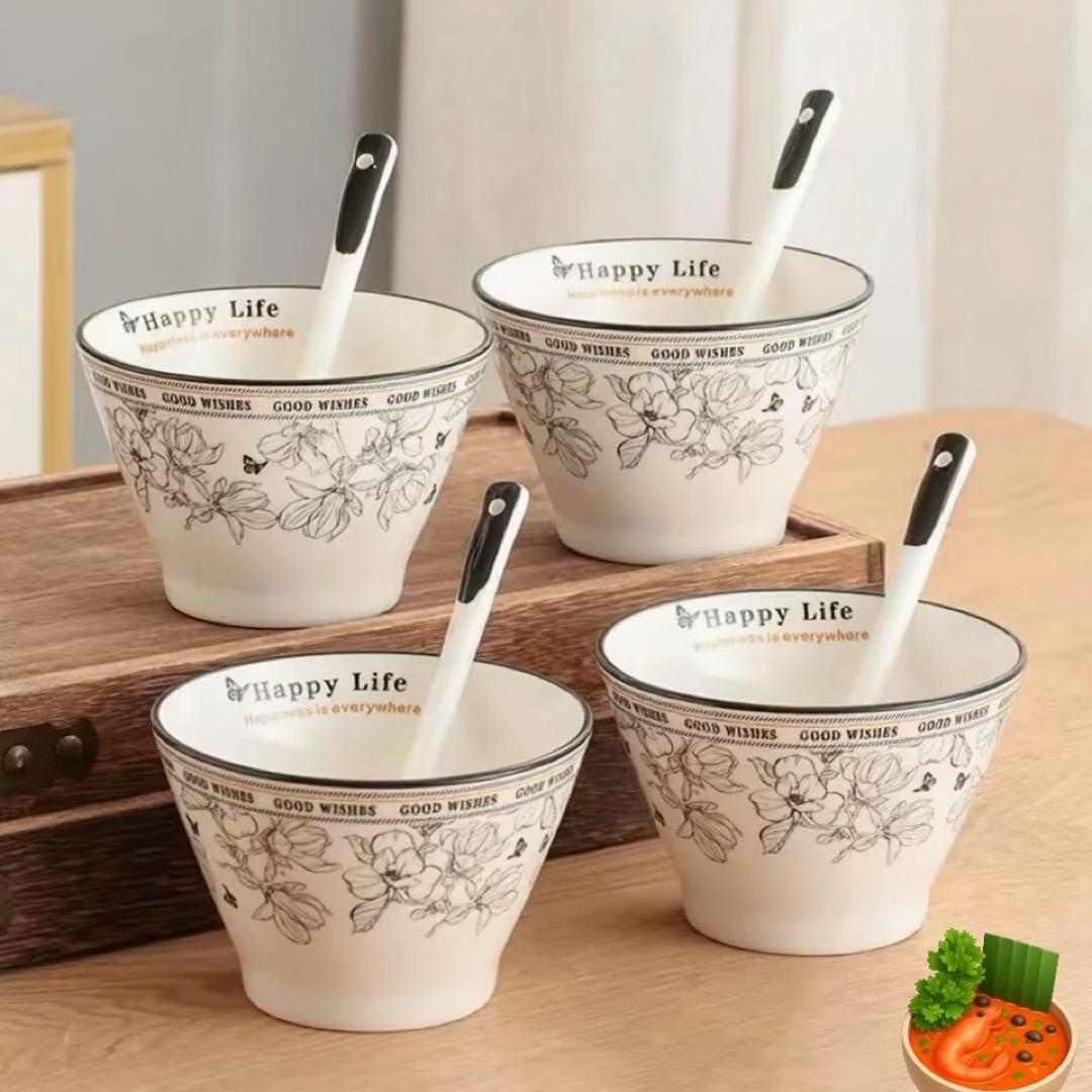 小香风斗笠碗，釉下彩陶瓷质感超赞，高脚防烫还能装，喝粥干饭都适配，餐桌...