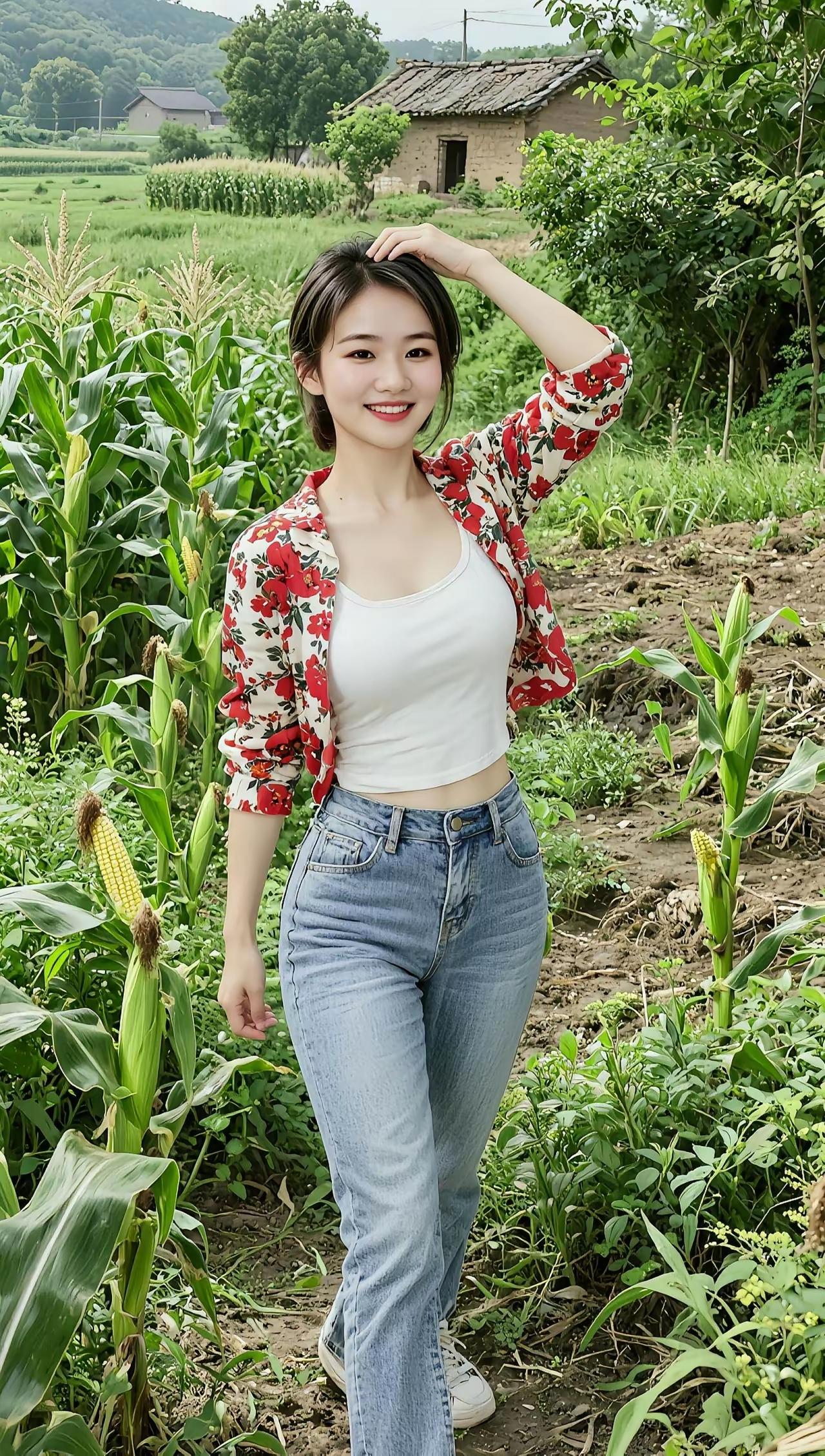 田园少女风，花衬衫与牛仔裤的完美搭配，笑靥如花，自然纯美。