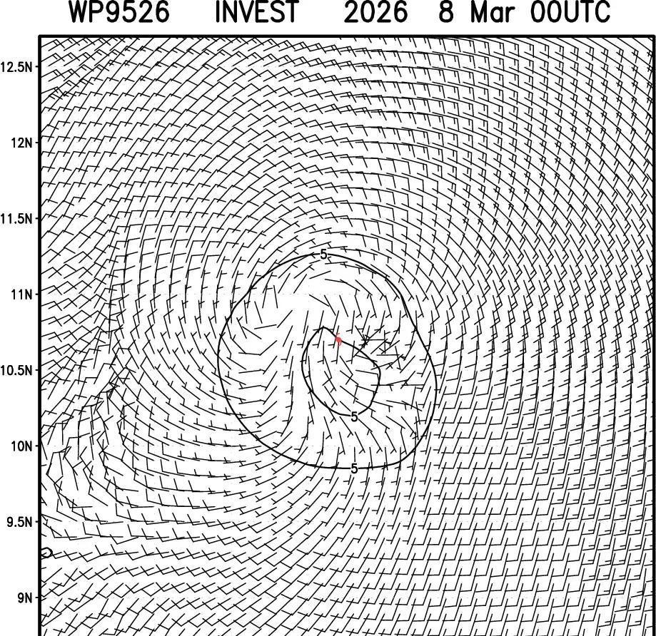北京时间3月8日早上8点，菲律宾马尼拉东南偏东太平洋上空，热带扰动95W正以11