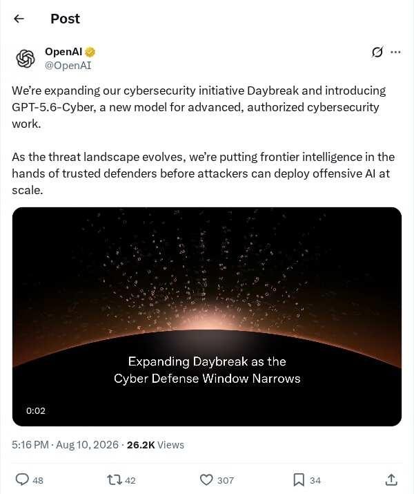 OpenAI推出GPT-5.6-Cyber
OpenAI发帖称，随着威胁形势不断