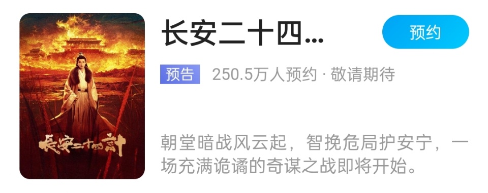 长安二十四计预约量破250万成毅长安二十四计预约破250万 成毅新剧长安 二十四