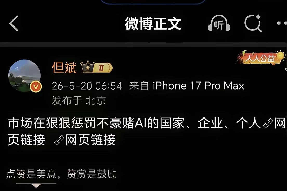5月20日，但玫瑰发微博称：市场正在狠狠惩罚不豪赌AI的国家、企业和个人。

开