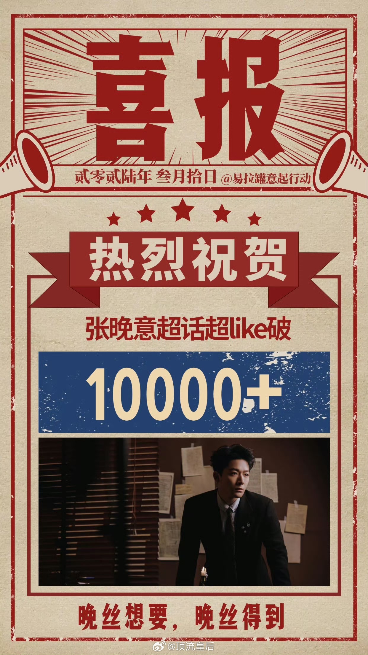 恭喜张晚意超like和发帖双破万。