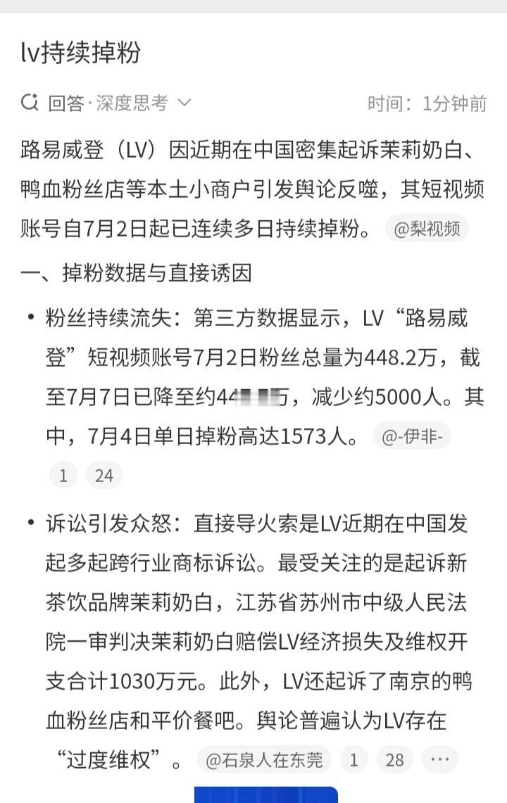 LV诉茉莉奶白可能在官司上胜了，但在舆论场上输的是一败涂地。你一个外国品牌的，天