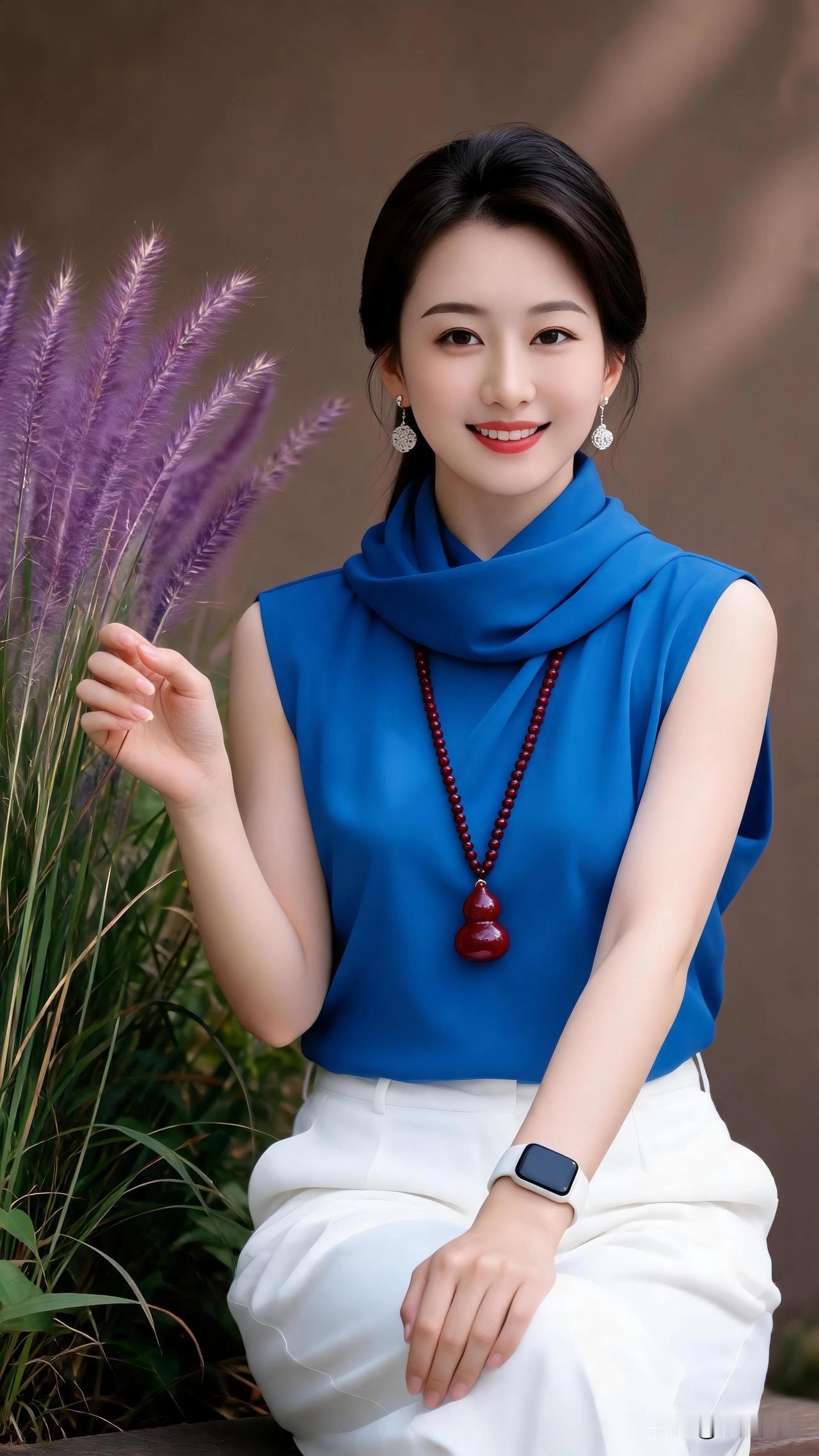高级感穿搭，温柔风穿搭。一身宝蓝色无袖上衣搭配白裤，置身紫狼尾草丛，温婉大气，简