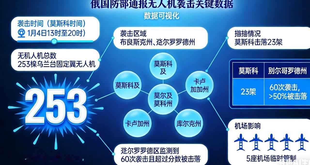 俄国防部通报：253架乌无人机袭击俄多地 防空系统拦截处置
 
当地时间1月4日