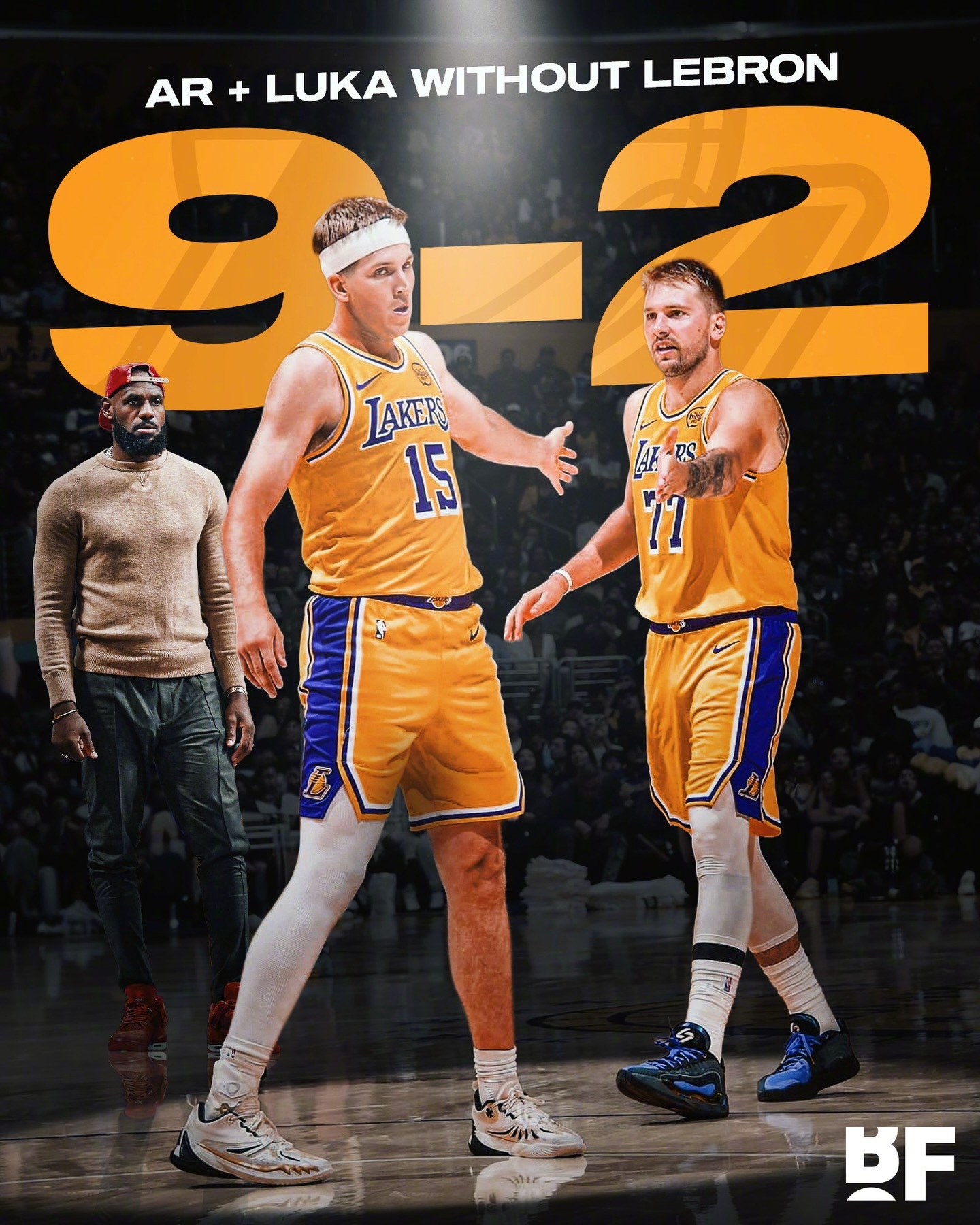 本赛季东契奇、里夫斯带队、詹姆斯缺席的比赛，湖人取得了9胜2负。 