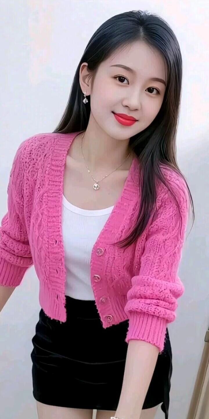 甜美粉色毛衣搭配黑色短裙，元气少女风！💖✨