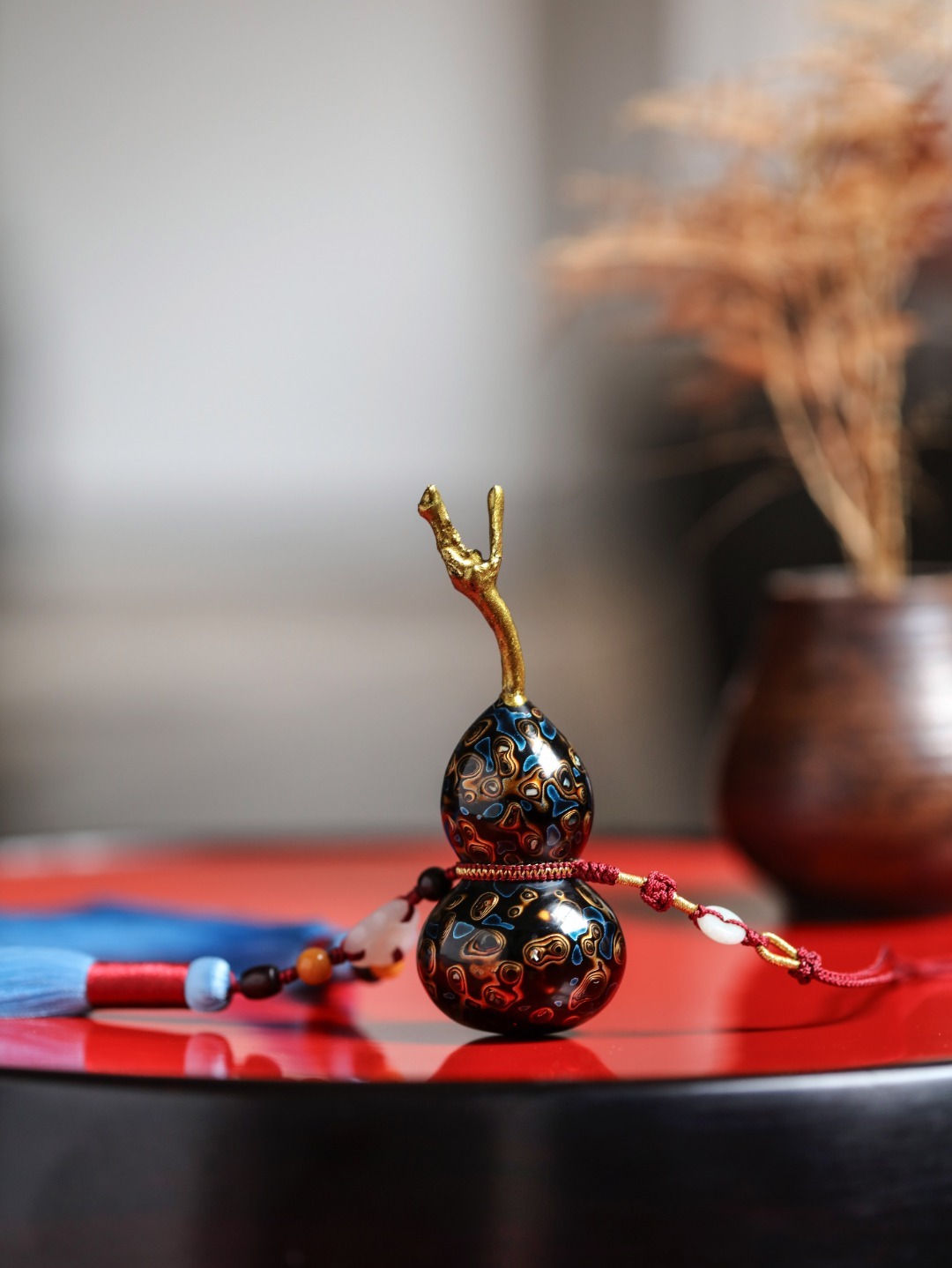 大漆 黑金蓝【福禄】挂件家有葫芦一个，一生福禄平安！选取天然葫芦，手工髹蓝金大漆