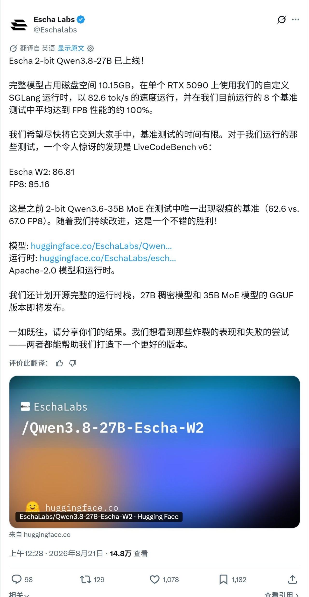 Escha 2-bit Qwen3.8-27B 已上线！

完整模型占用磁盘空间