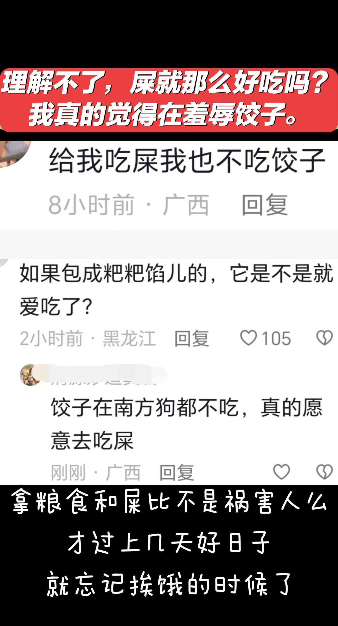 能理解春节不吃饺子，风俗不同，不喜欢吃都正常，但是拿粮食和…去比较！太羞辱饺子了