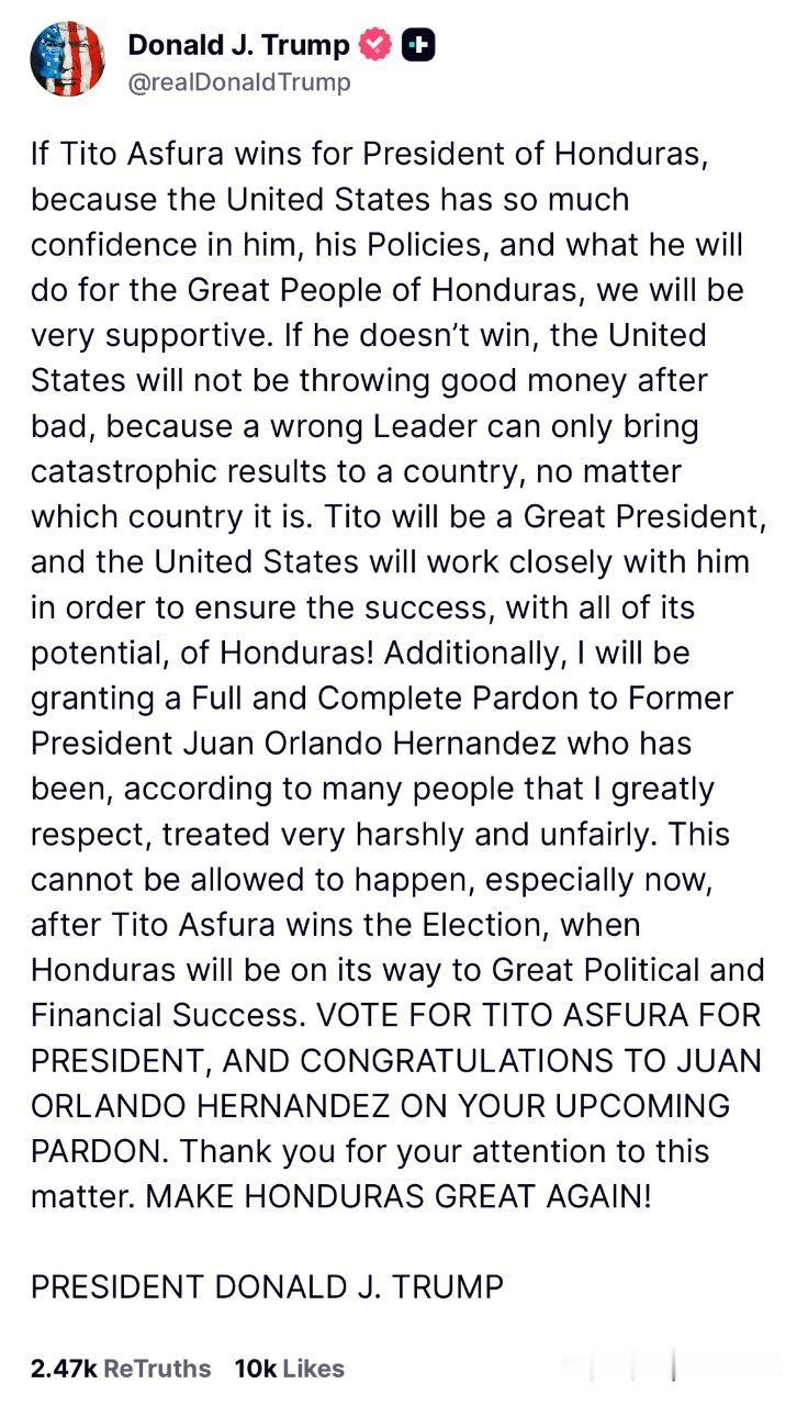 2025年11月28日川普总统于Truth Social：如果蒂托·阿斯富拉（T