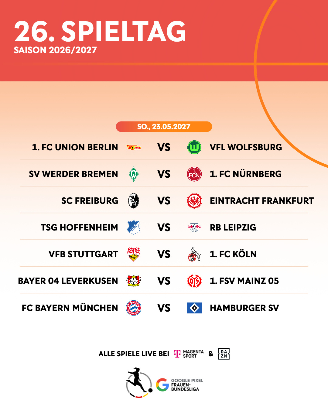 德国足球协会（DFB）已公布2026/2027赛季女子德甲联赛的赛程表。（图二）