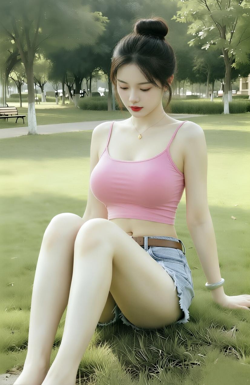 夏日公园清新少女，粉色背心搭配牛仔短裤，享受宁静时光。有哪些美女让人过目难忘？