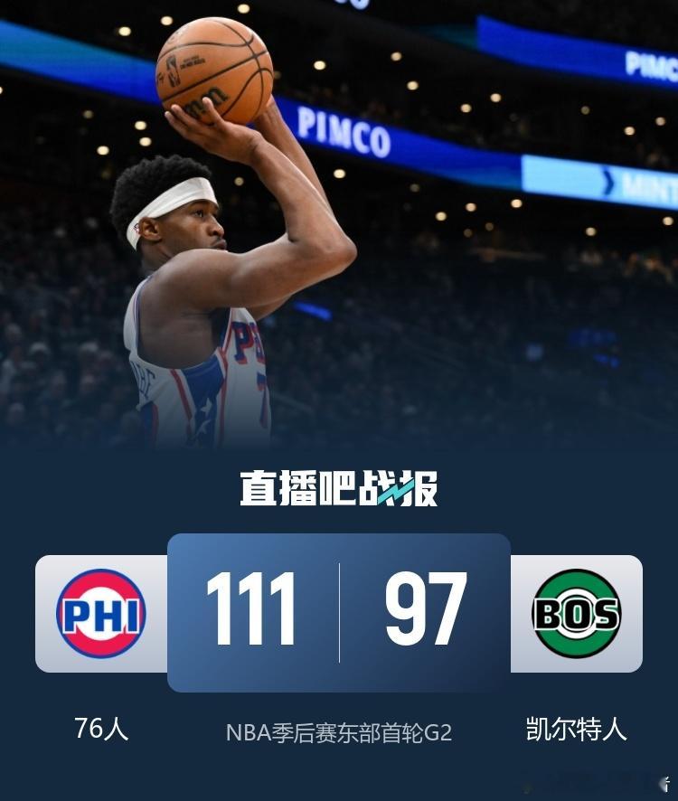 76人客场111比97力克凯尔特人，系列赛大比分1比1扳平NBA季后赛东部首轮G