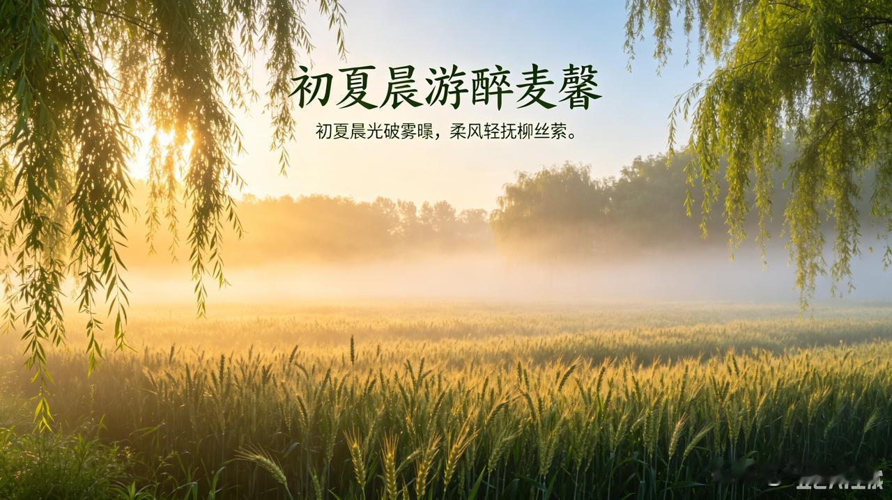 《初夏晨游醉麦馨》乐韵诗心原创诗词:
初夏晨光破雾暝，
柔风轻抚柳丝萦。
田畴麦