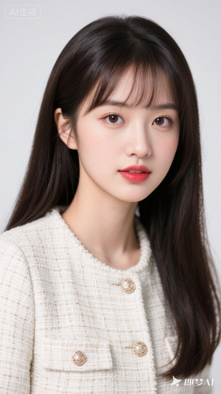 温柔甜美的少女，穿着优雅的米色外套，散发着清新自然的气息。
