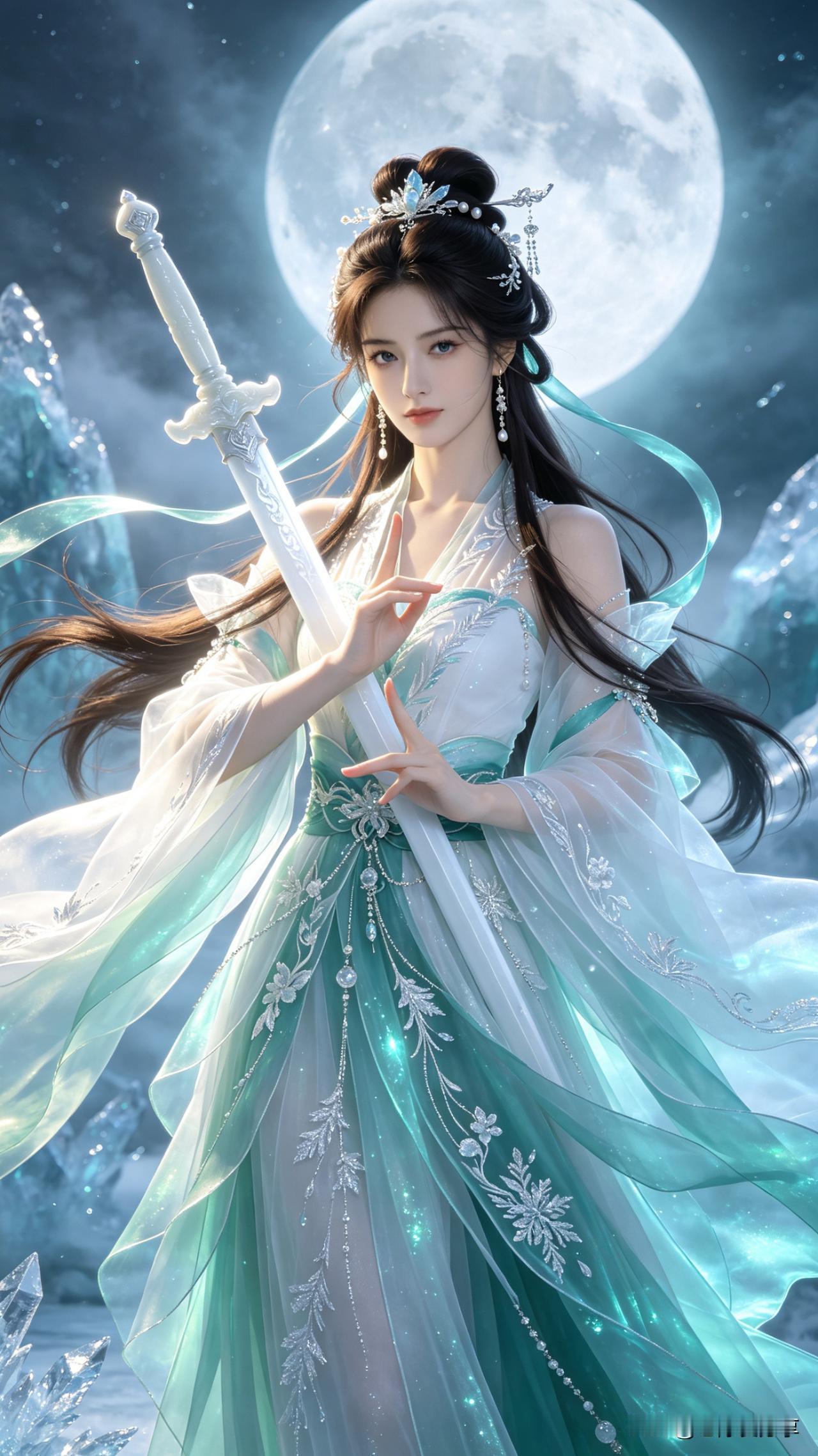 鹧鸪天·霜月剑仙

皓月当空照碧霄，
寒冰凝剑气冲霄。
青裙漫舞流光转，
玉骨冰