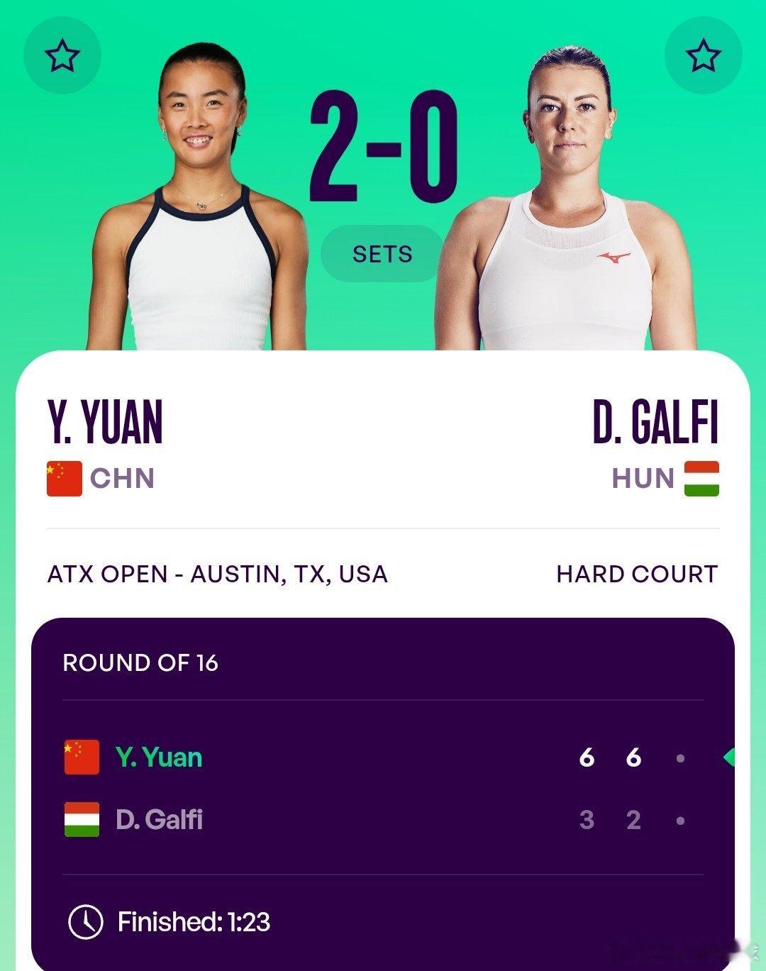 WTA250奥斯汀站🇺🇸女单第2轮袁悦🇨🇳6-3/6-2战胜加尔菲🇭?