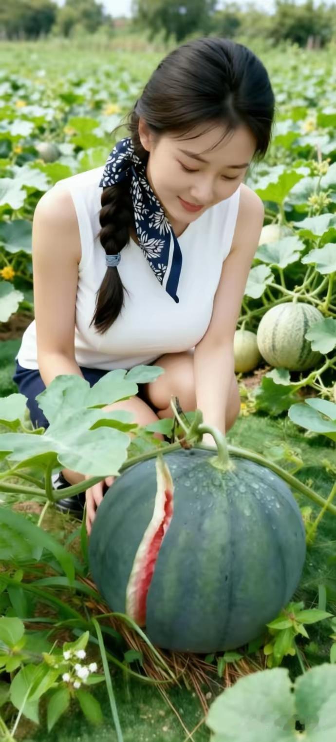 这姑娘在田里发现了个大西瓜。