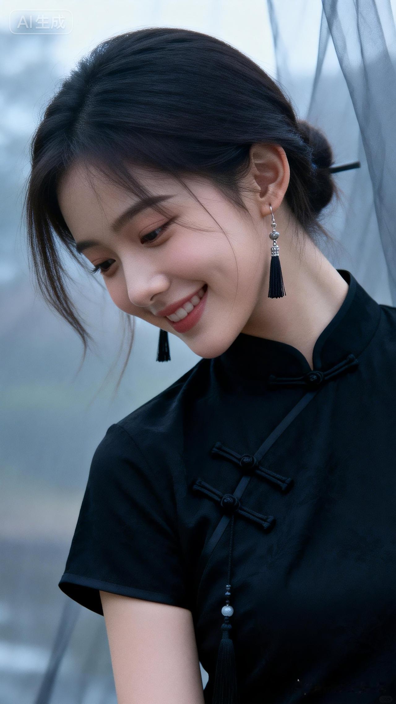 阴天柔光漫洒，少女薇薇着黑底莫兰迪印花斜襟短旗袍，瓷白冷肌衬着流苏耳饰，高盘发配