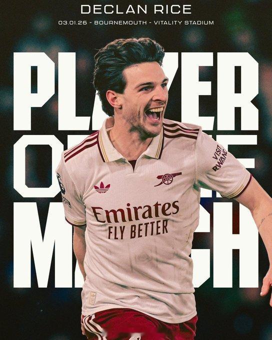 英超生涯首次完成梅开二度，赖斯当选阿森纳官方评选出的本场队内最佳球员。真猛将铁人