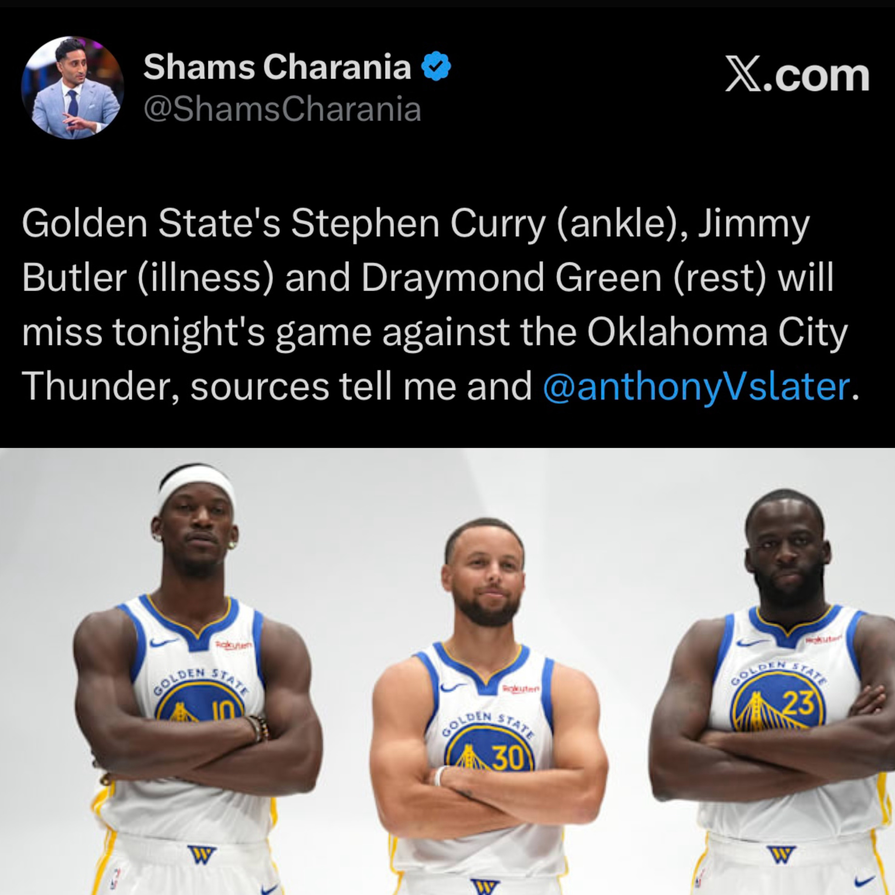 Shams：库里（脚踝伤势）、巴特勒（身体不适）、格林（轮休）将缺席对阵雷霆队的