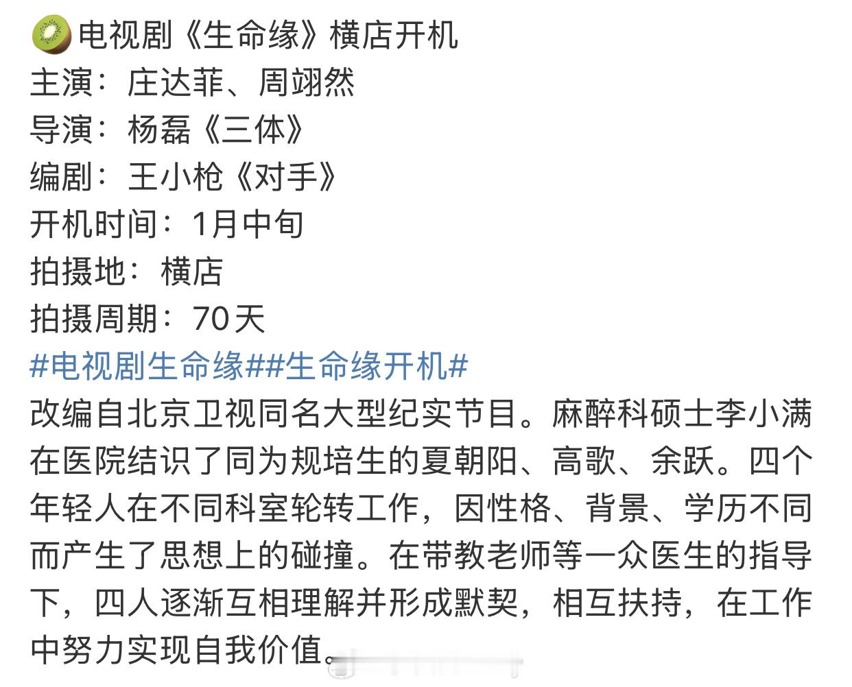 🍉爱奇艺电视剧《生命缘》庄达菲周翊然，1月横店开机 