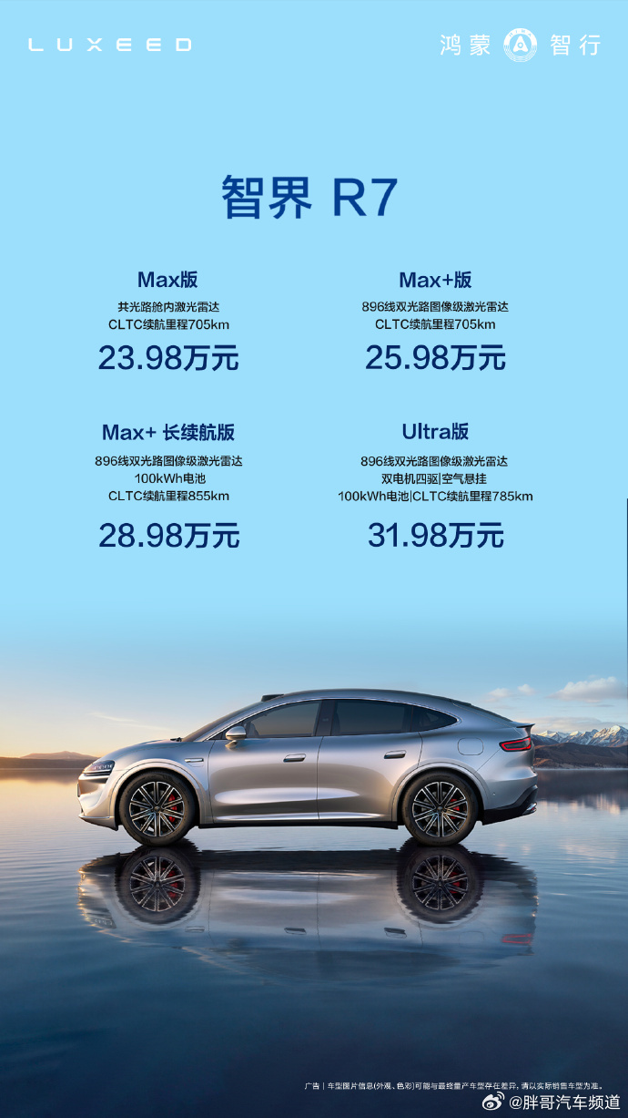 胖哥汽车频道 新款智界R7上市，售价23.98-31.98万元，定位中大型SUV