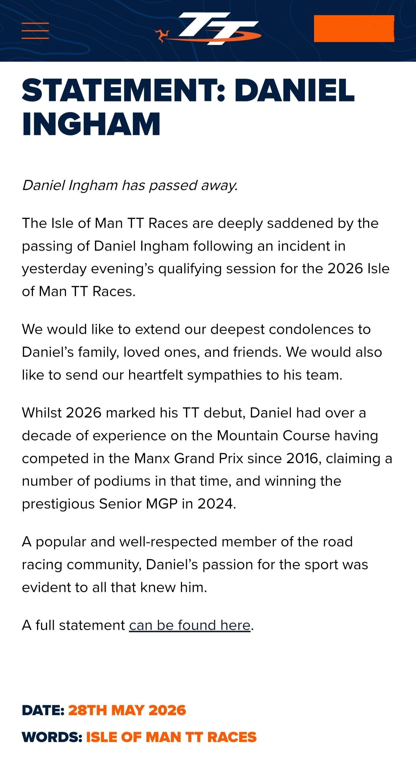 又一位骑手在曼岛TT死亡Daniel Ingham在今年曼岛TT 周三晚间排位赛