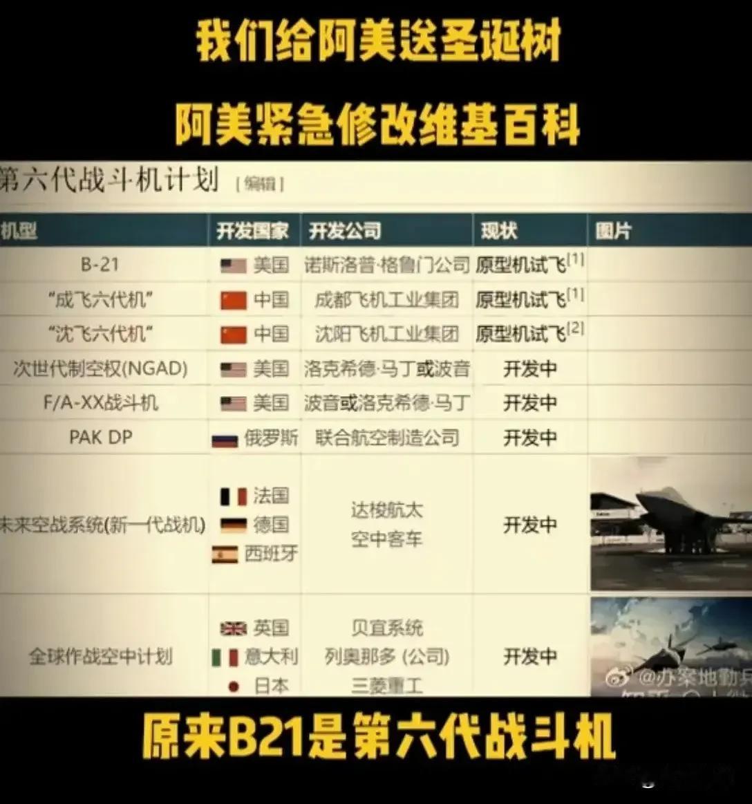 美国连夜修改维基百科，现在美国也有六代机了！可一看才知道，居然是两年前首飞的B2