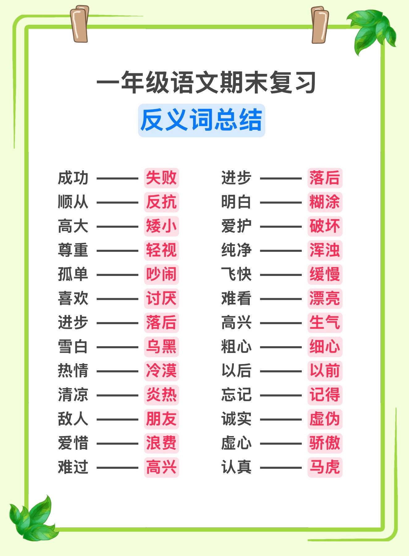 一年级语文必考反义词🔥 家长收藏起来让孩子记一记～