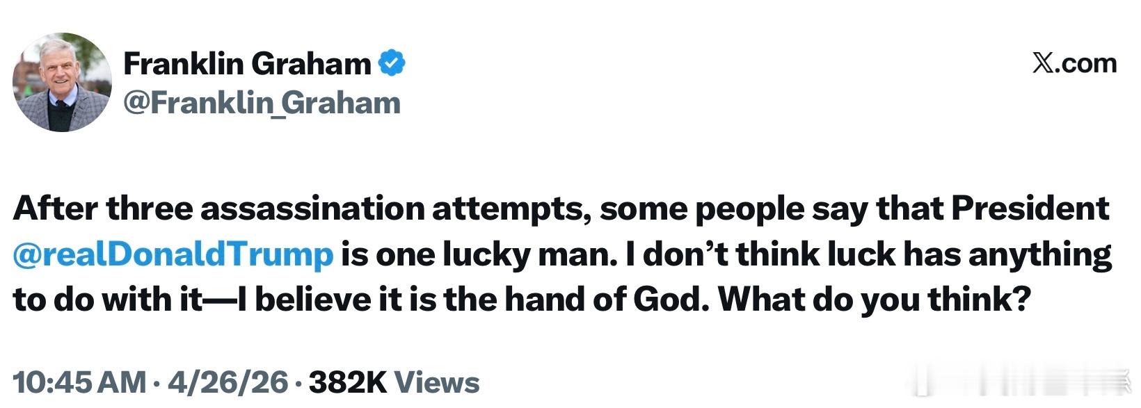 川普總統能夠成功躲過三次企圖暗殺，這絕不是「幸運」或者「巧合」，只因為這一切都掌