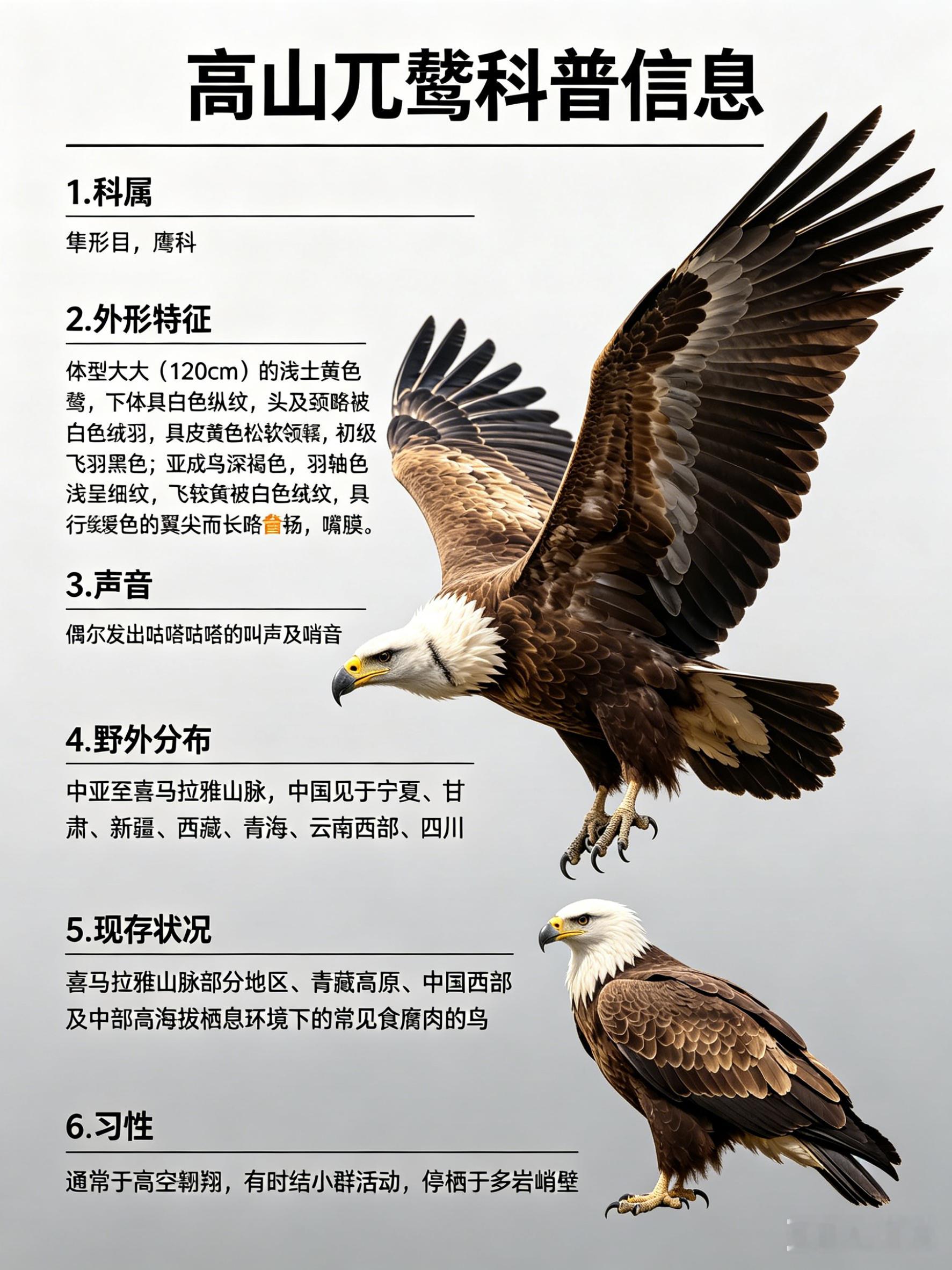 鸟类朋友图鉴 高山兀鹫·科属：隼形目，鹰科。·外形特征：体型较大（120cm）的
