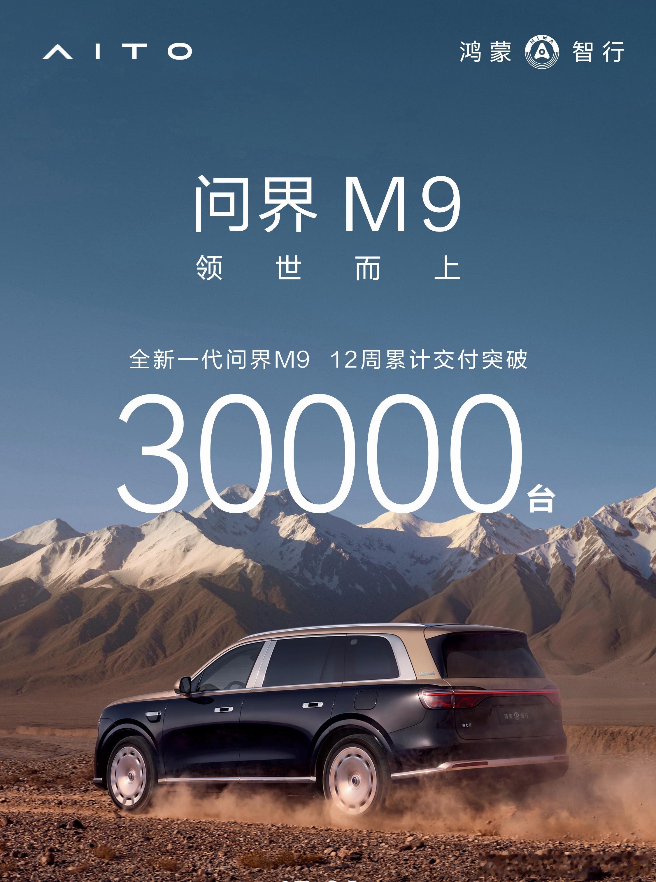 全新问界M9交付12周破三万全系累计交付已超30万台60万元均价连续两个月位居5